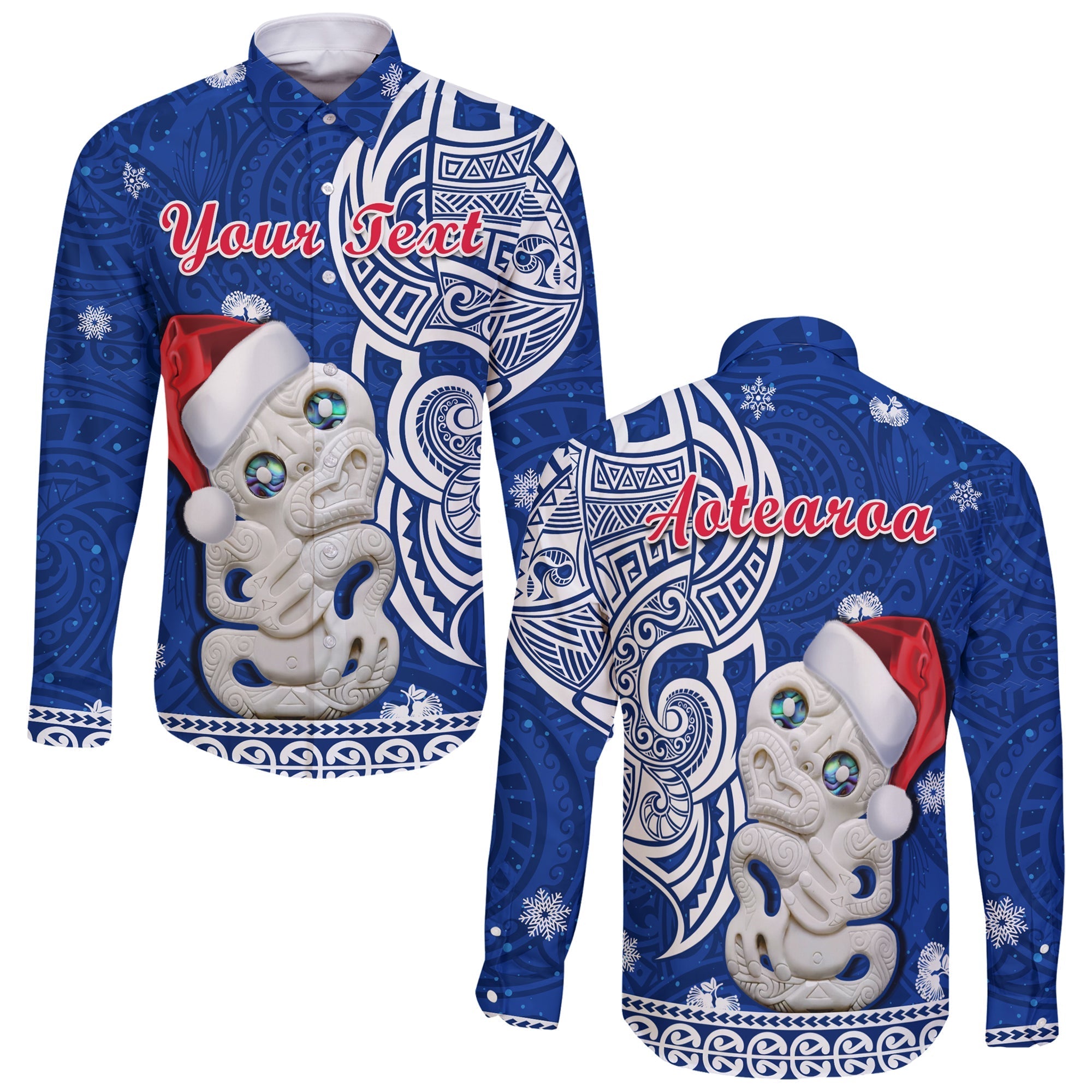 Custom Personalised New Zealand Christmas Long Sleeve Button Shirt Hei Tiki Blue Pohutukawa Meri Kirihimete - Wonder Print Shop