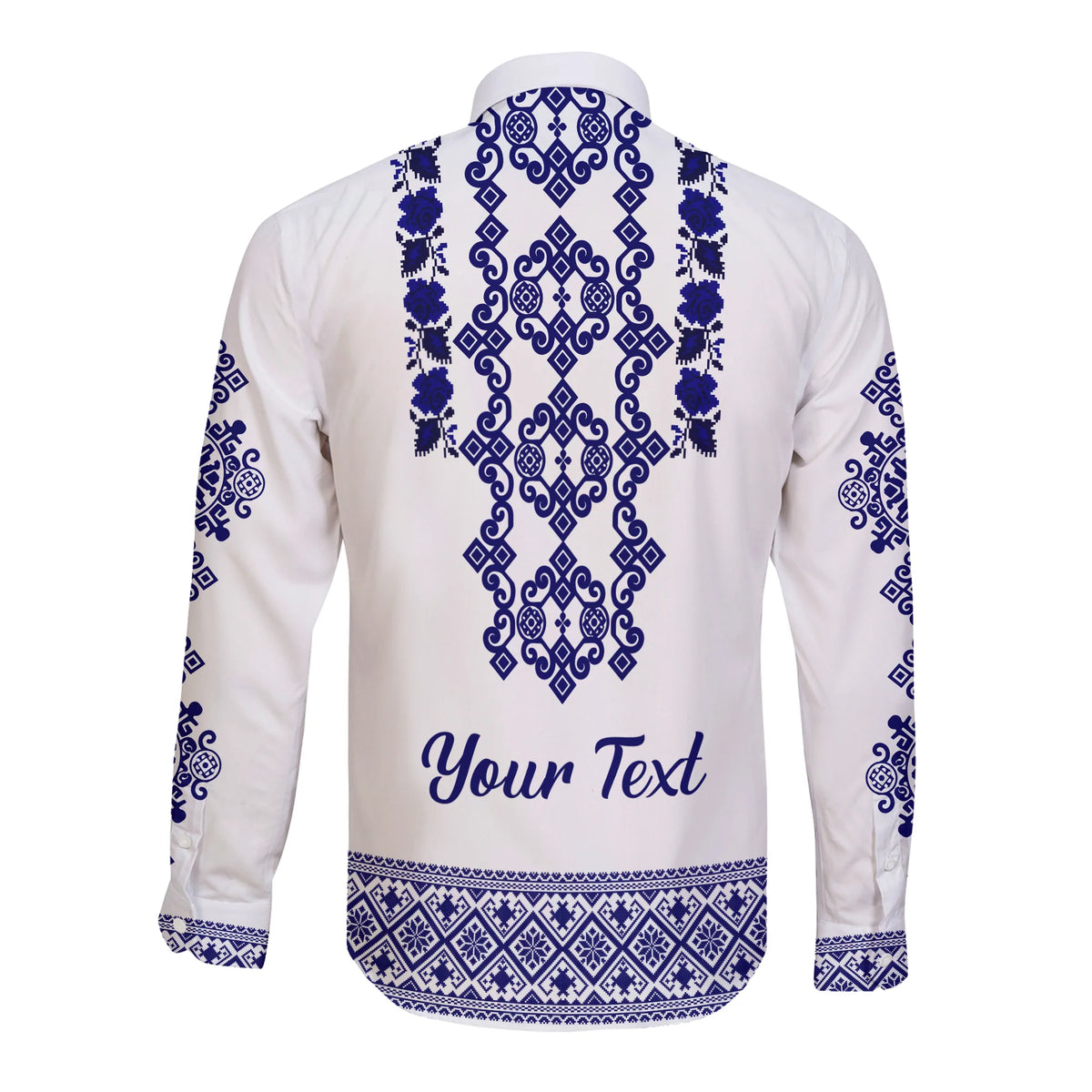(Custom Personalised) Ukraine Long Sleeve Button Shirt Navy Ukrainian Folk - Wonder Print Shop