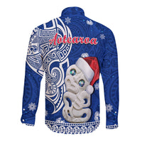 Custom Personalised New Zealand Christmas Long Sleeve Button Shirt Hei Tiki Blue Pohutukawa Meri Kirihimete - Wonder Print Shop