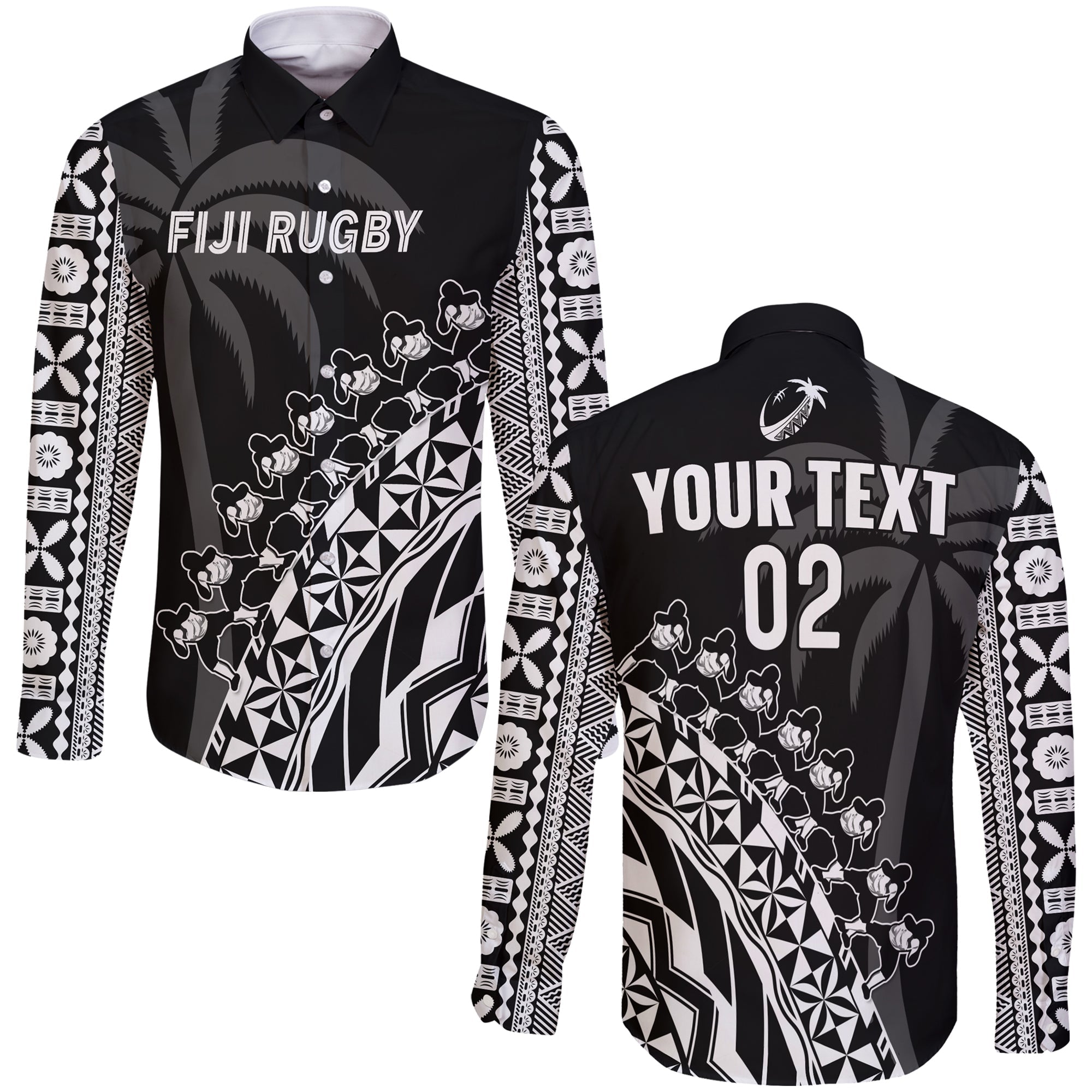 Custom Text And Number Fiji Rugby Long Sleeve Button Shirt Fijian Cibi Dance Tapa Pattern Black - Wonder Print Shop