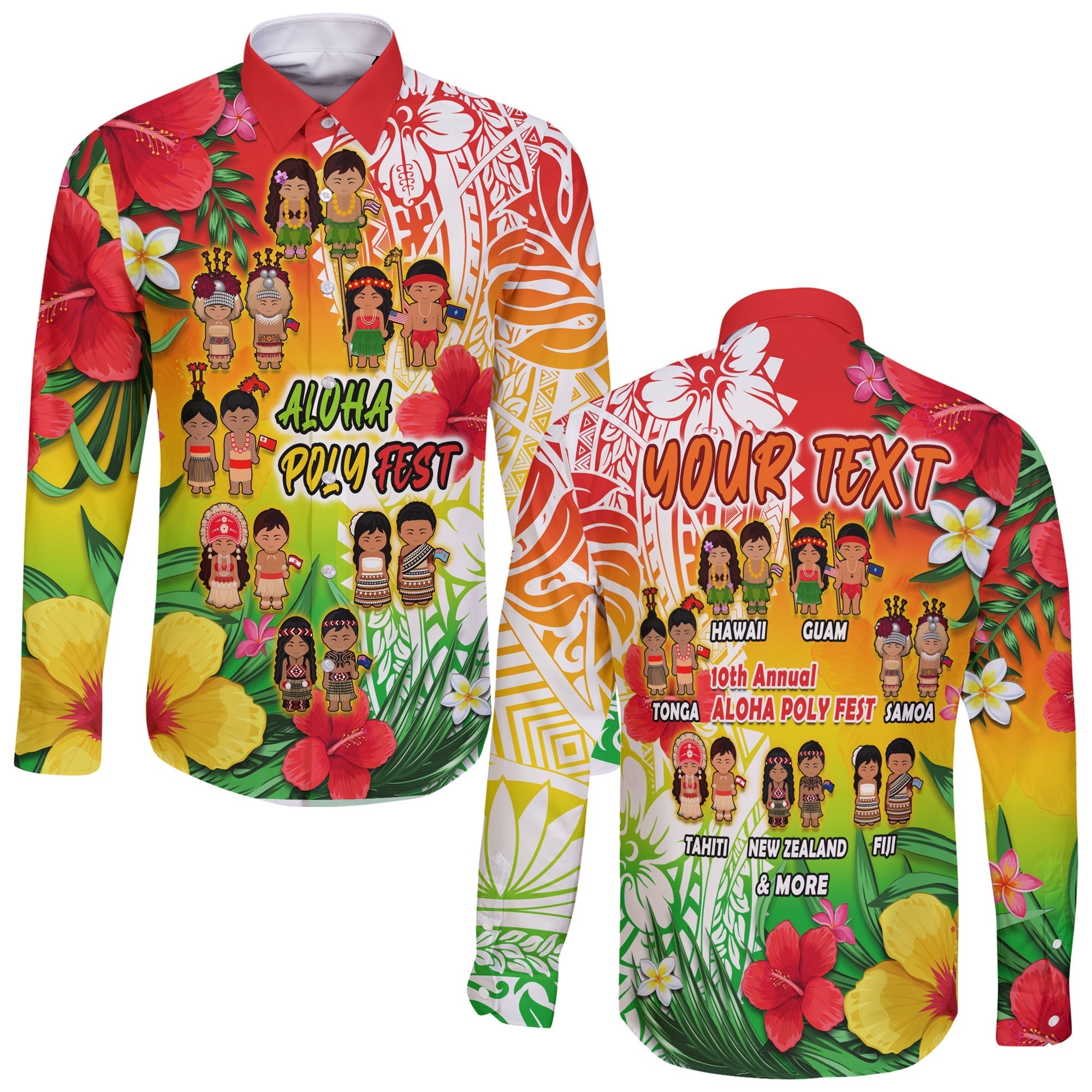 Custom Personalised Aloha Poly Fest Long Sleeve Button Shirt Polynesian Pattern With Tropical Flowers - Wonder Print Shop