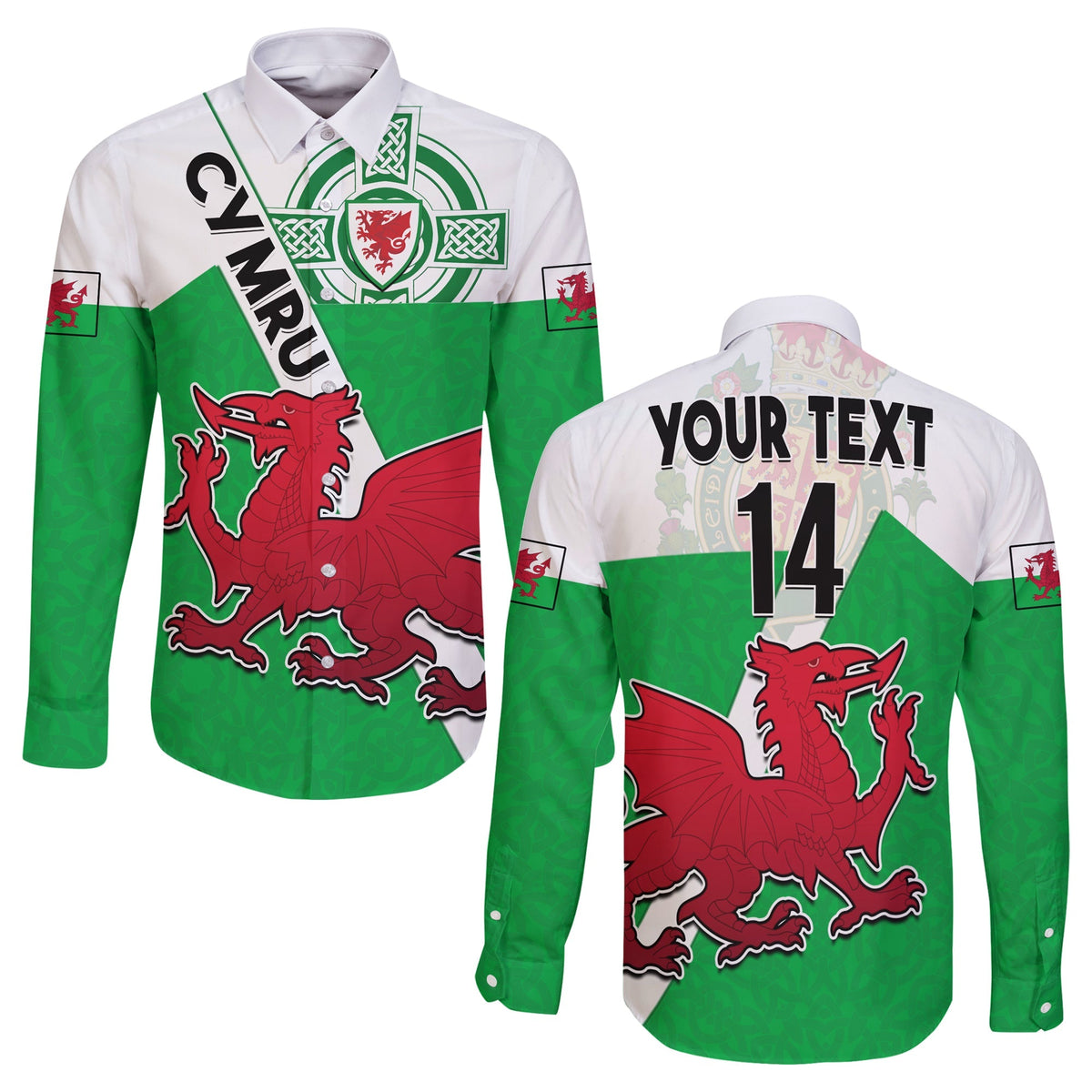 (Custom Text And Number) Wales Football Long Sleeve Button Shirt Come On Welsh Dragons With Celtic Knot Pattern - Wonder Print Shop