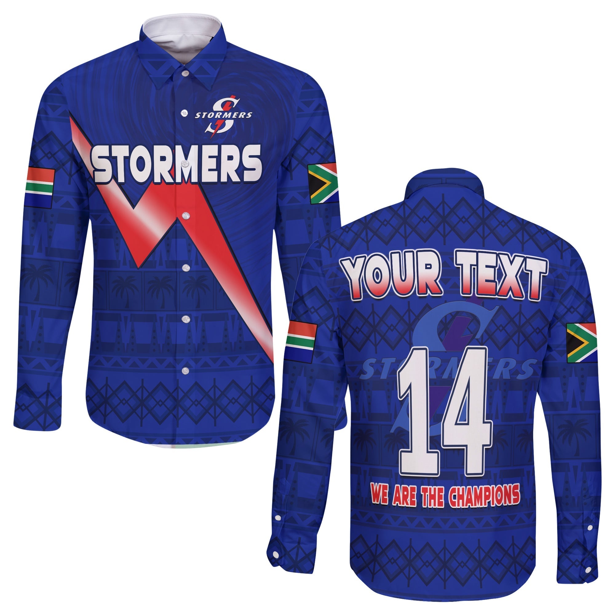(Custom Text And Number) Stormers South Africa Rugby Long Sleeve Button Shirt We Are The Champions URC African Pattern - Wonder Print Shop