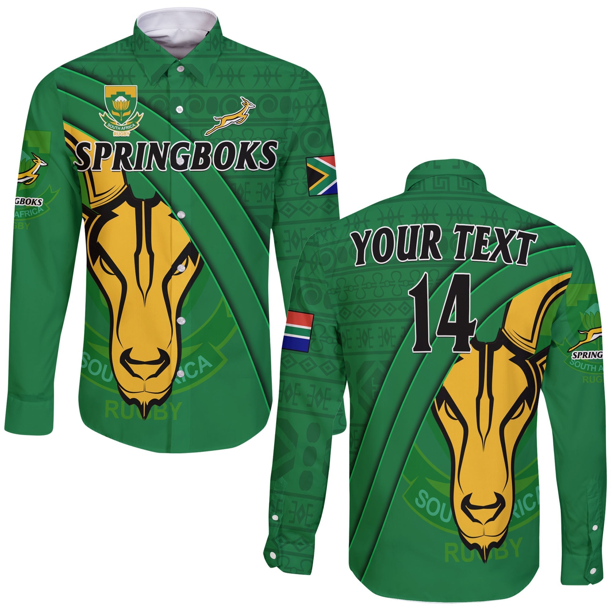 (Custom Text And Number) South Africa Rugby Long Sleeve Button Shirt Bokke Springbok With African Pattern Stronger Together - Wonder Print Shop