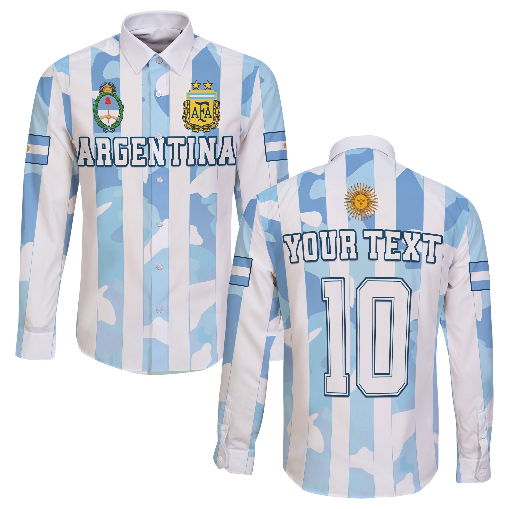 (Custom Personalised) Argentina Football Long Sleeve Button Shirt AFA Champions 2022 Sporty Style - Wonder Print Shop