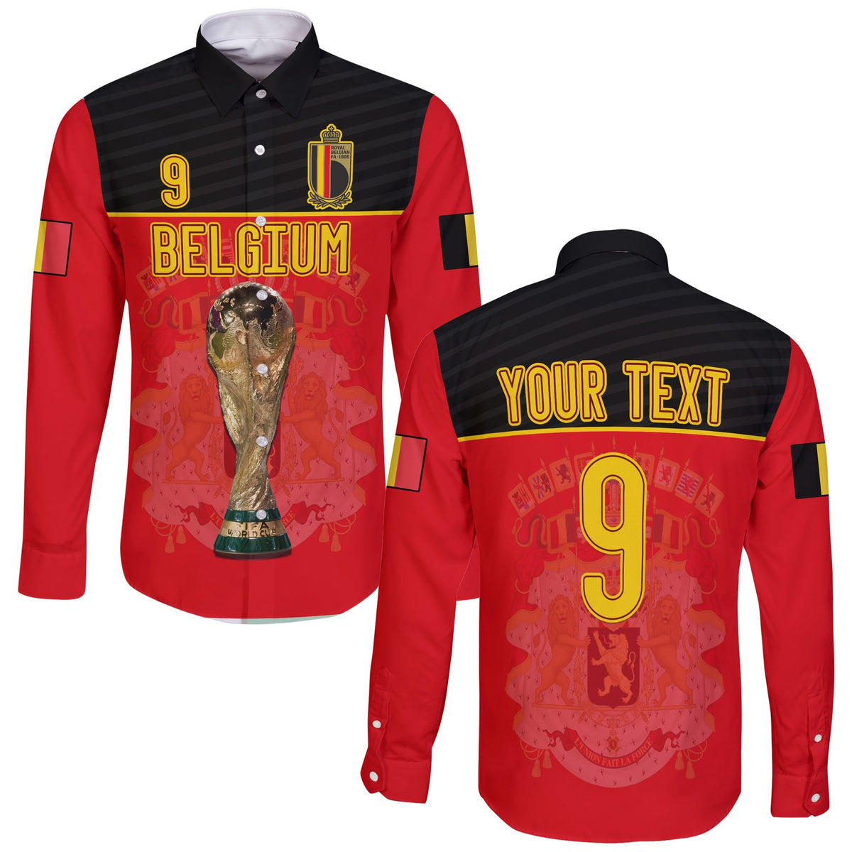 (Custom Text And Number) Belgium Football 2022 Long Sleeve Button Shirt De Rode Duivels Sporty Style - Wonder Print Shop