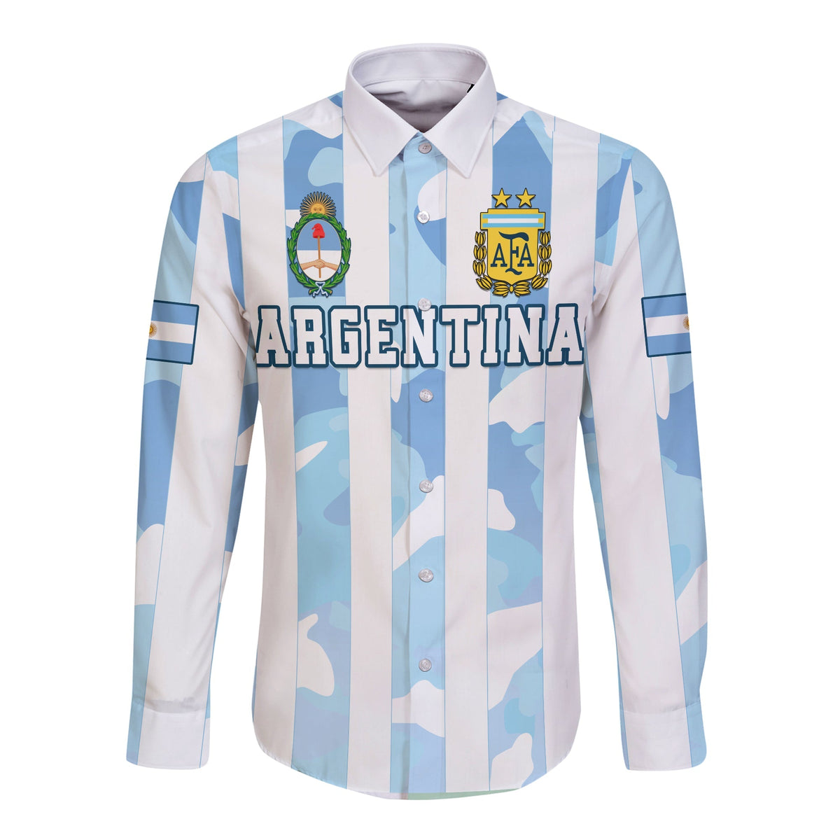 (Custom Personalised) Argentina Football Long Sleeve Button Shirt AFA Champions 2022 Sporty Style - Wonder Print Shop