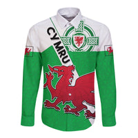 Wales Football Long Sleeve Button Shirt Come On Welsh Dragons With Celtic Knot Pattern - Wonder Print Shop