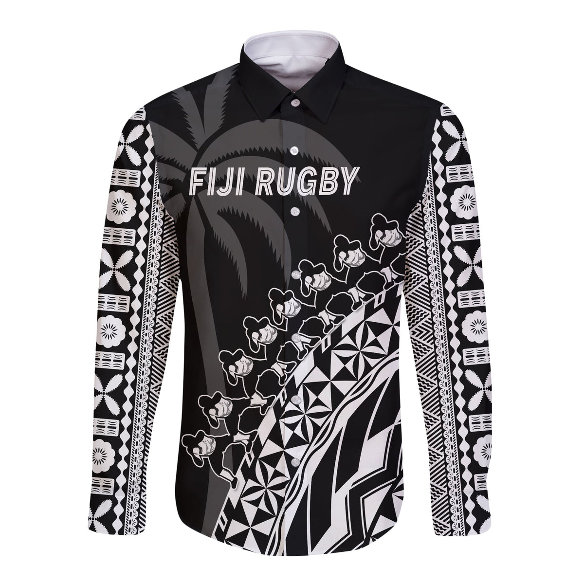 Custom Text And Number Fiji Rugby Long Sleeve Button Shirt Fijian Cibi Dance Tapa Pattern Black - Wonder Print Shop