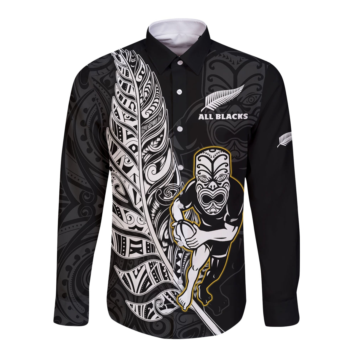 New Zealand 2022 Rugby Long Sleeve Button Shirt All Black Silver Fern Maori Pattern Version Black - Wonder Print Shop