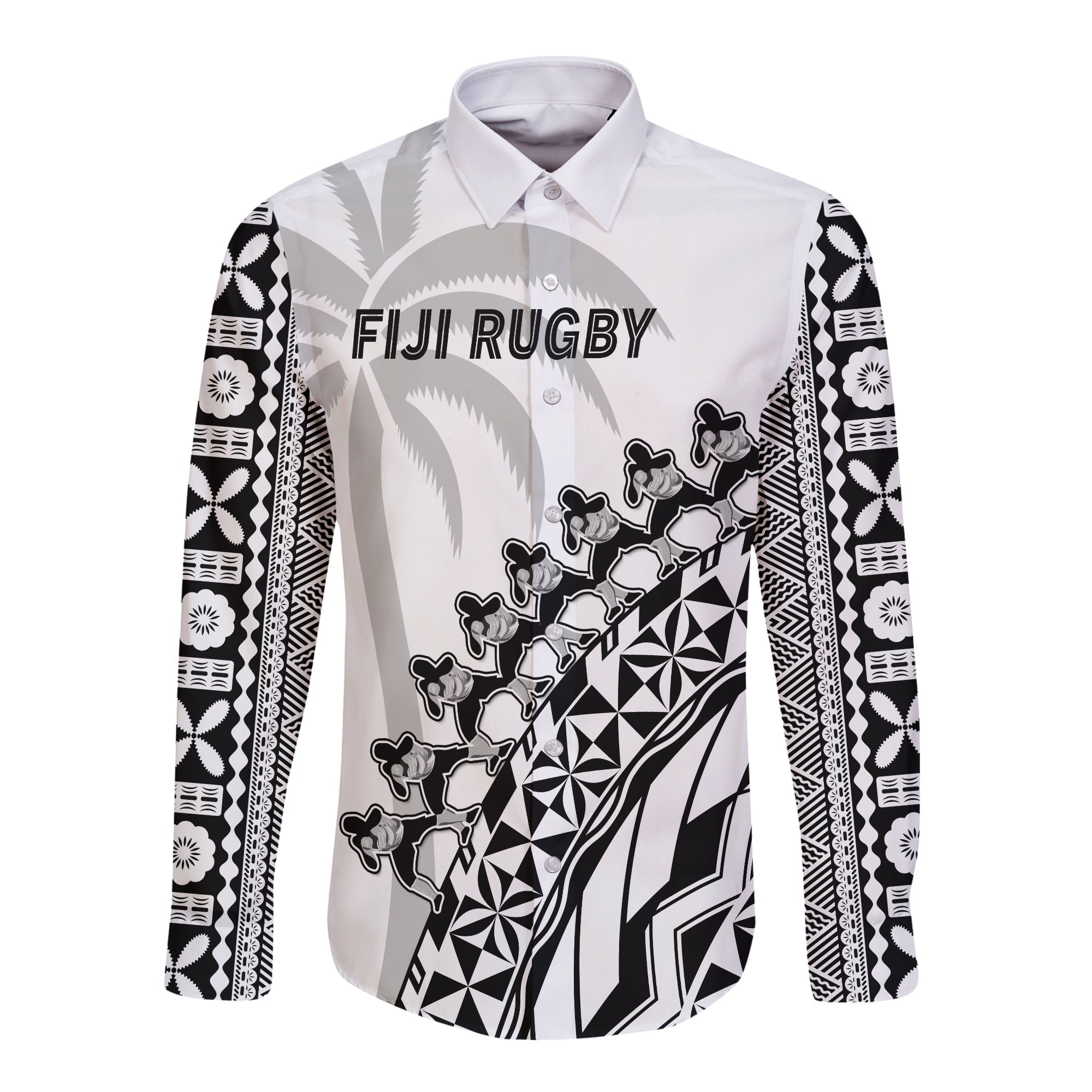 Fiji Rugby Long Sleeve Button Shirt Fijian Cibi Dance Tapa Pattern White - Wonder Print Shop