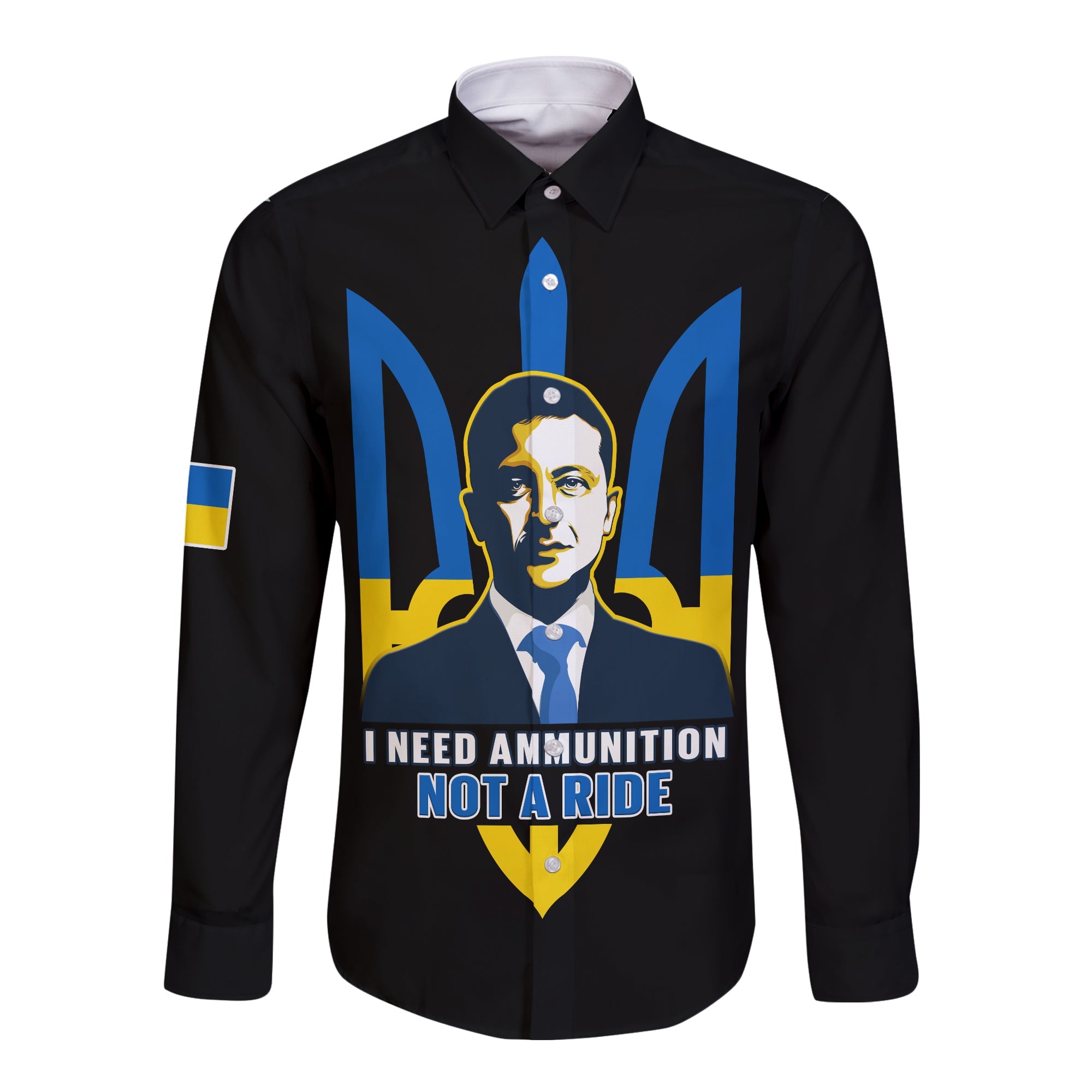 Ukraine Long Sleeve Button Shirt Ukraine Gold Trident Slava Ukraini Black - Wonder Print Shop
