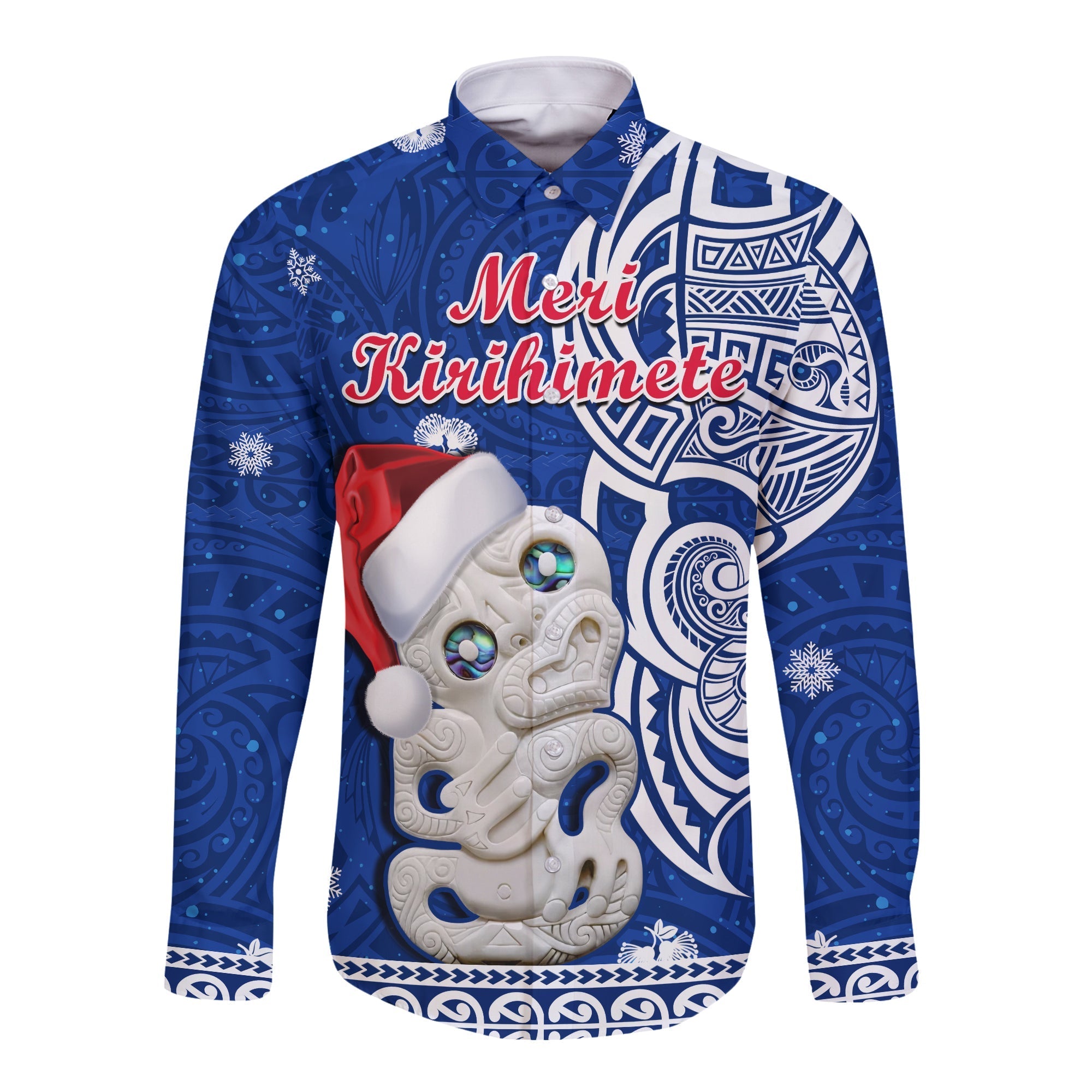 New Zealand Christmas Long Sleeve Button Shirt Hei Tiki Blue Pohutukawa Meri Kirihimete - Wonder Print Shop