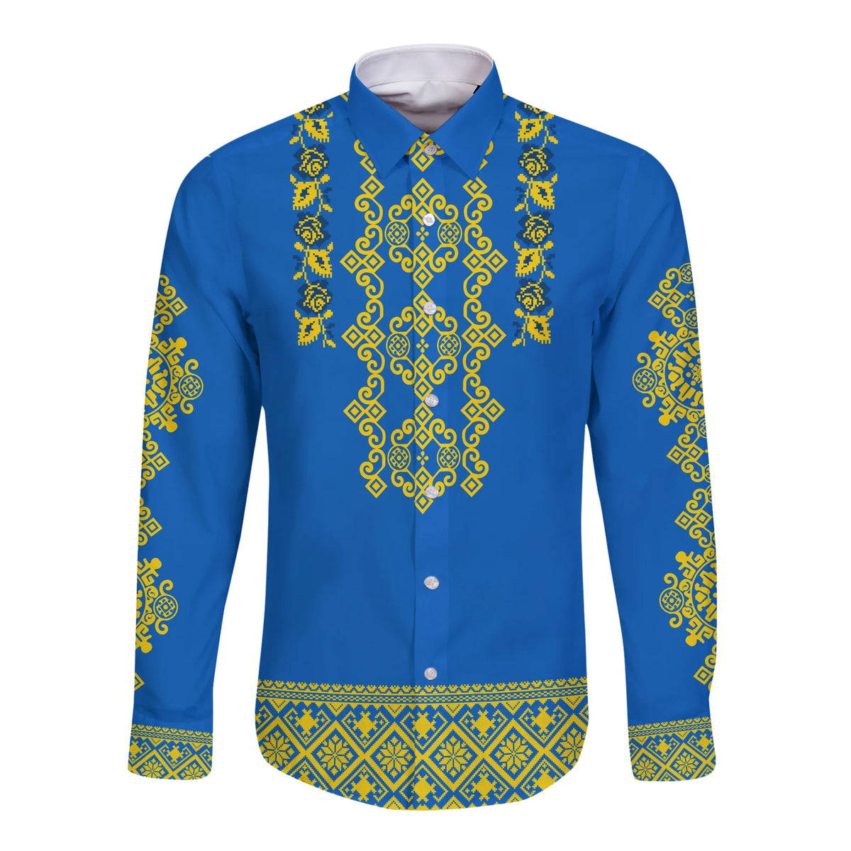 (Custom Personalised) Ukraine Long Sleeve Button Shirt Yellow Ukrainian Folk - Wonder Print Shop