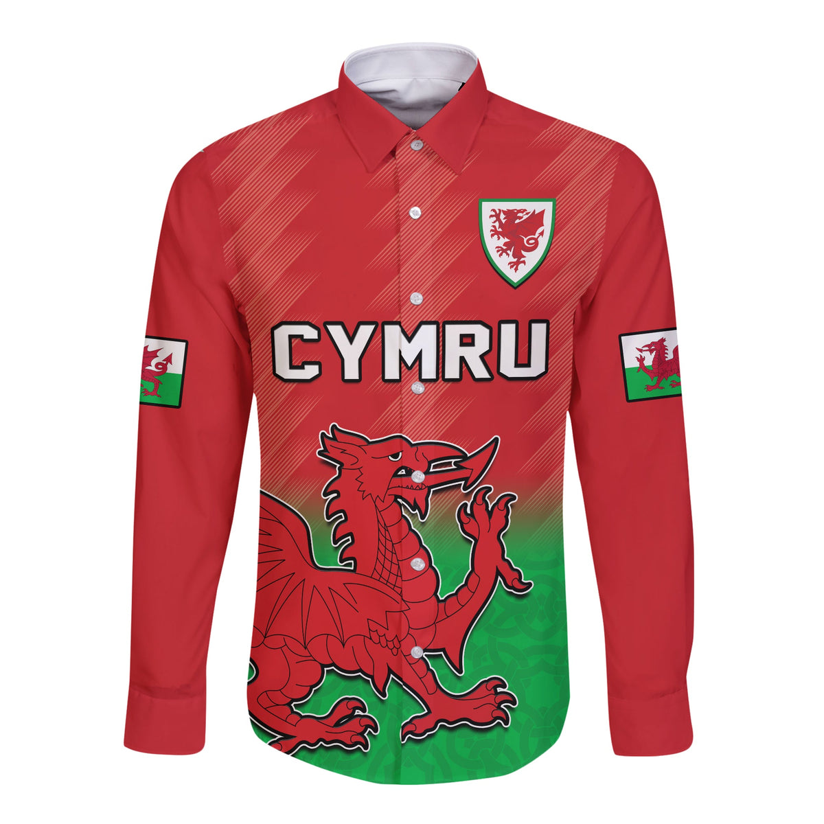 (Custom Text And Number) Wales Football Long Sleeve Button Shirt World Cup 2022 Come On Cymru Yma O Hyd - Wonder Print Shop