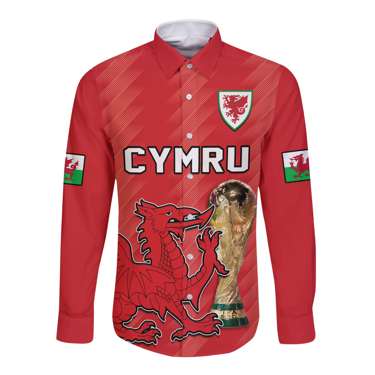 Wales Football Long Sleeve Button Shirt Cymru Champions World Cup 2022 - Wonder Print Shop