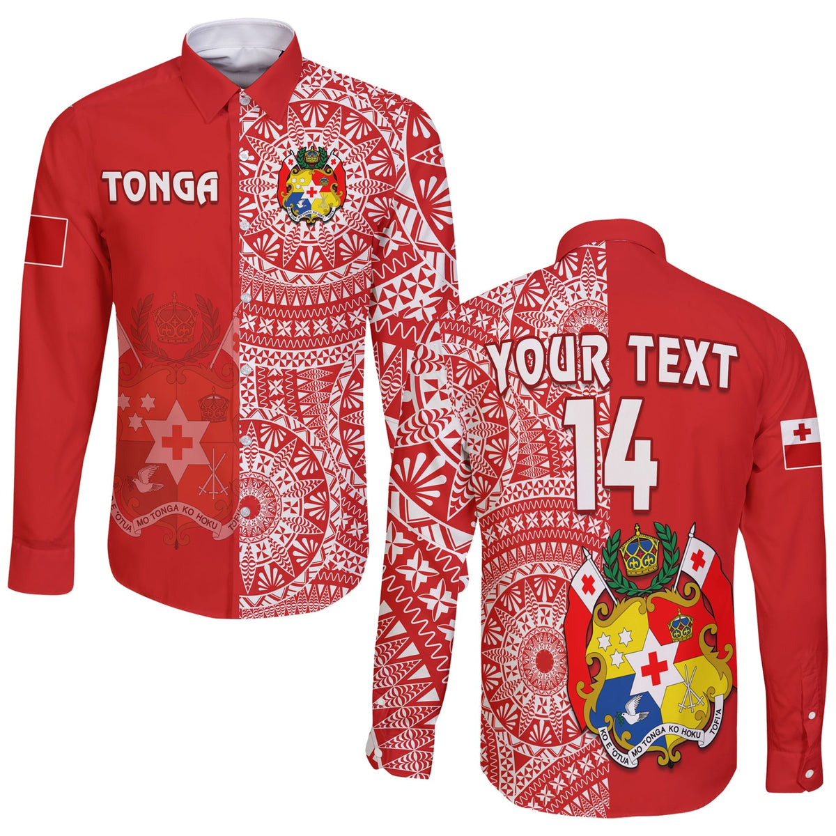 Custom Text And Number Tonga Long Sleeve Button Shirt Tongan Coat Of Arms Ngatu Pattern - Wonder Print Shop