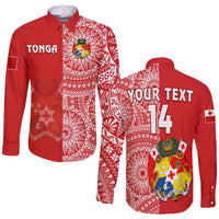 Custom Text And Number Tonga Long Sleeve Button Shirt Tongan Coat Of Arms Ngatu Pattern - Wonder Print Shop