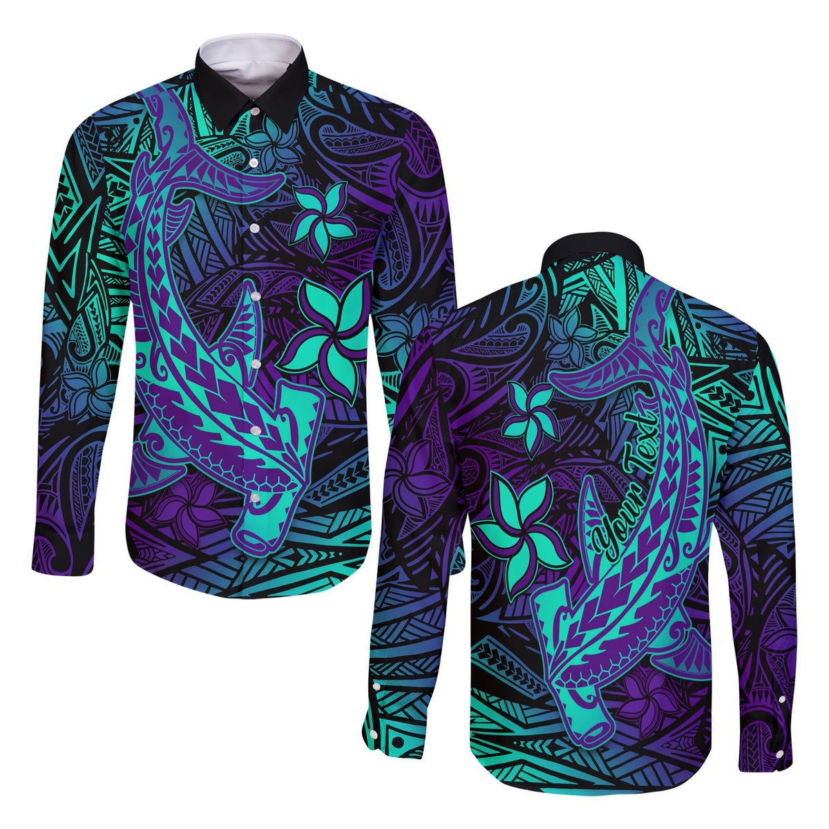 Custom Personalised Polynesian Long Sleeve Button Shirt Purple Paradise Hawaiian Tribal Hammerhead Shark - Wonder Print Shop