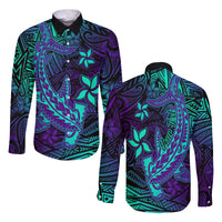 Custom Personalised Polynesian Long Sleeve Button Shirt Purple Paradise Hawaiian Tribal Hammerhead Shark - Wonder Print Shop