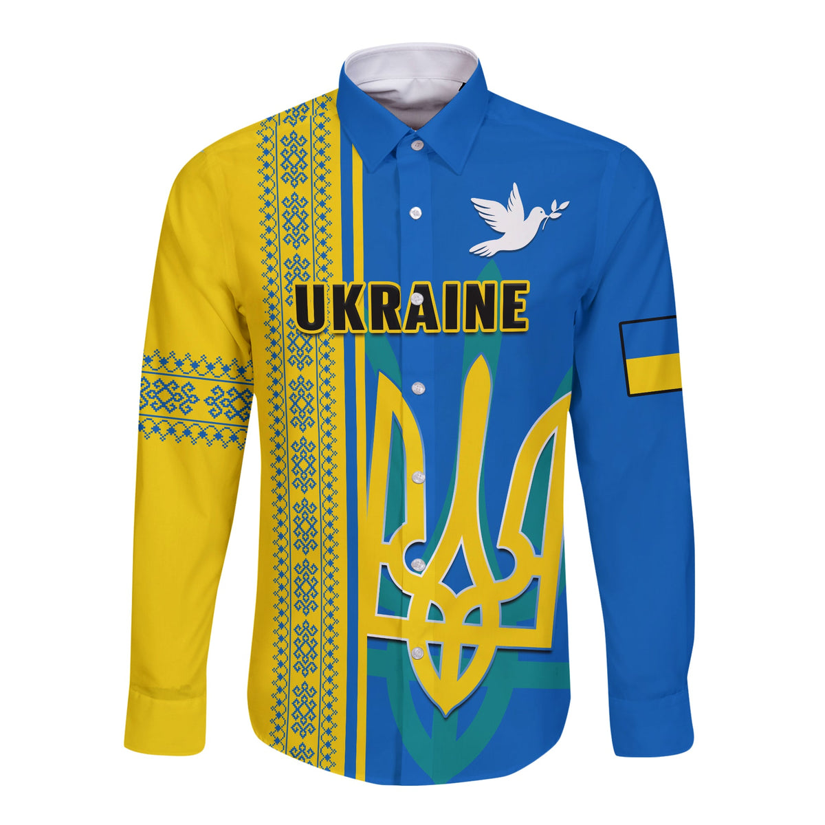(Custom Personalised) Ukraine Unity Day Long Sleeve Button Shirt Folk Ukrainian Coat Of Arms - Wonder Print Shop