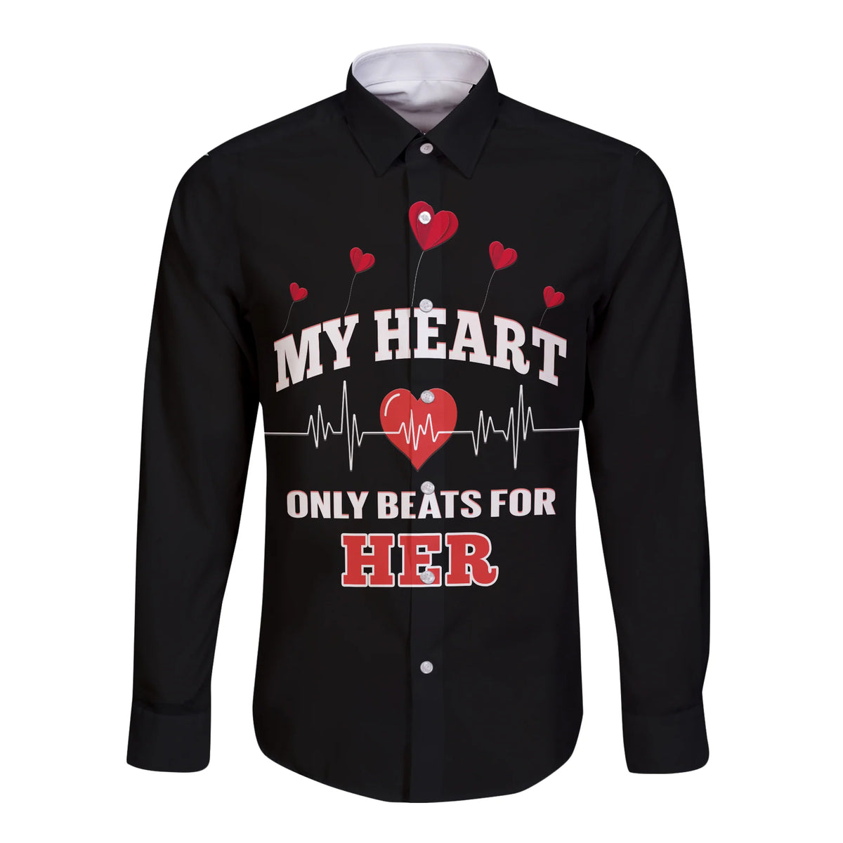 (Custom Personalised) American Valentines Day Long Sleeve Shirt Black My Heart Only Beats For Her - Wonder Print Shop