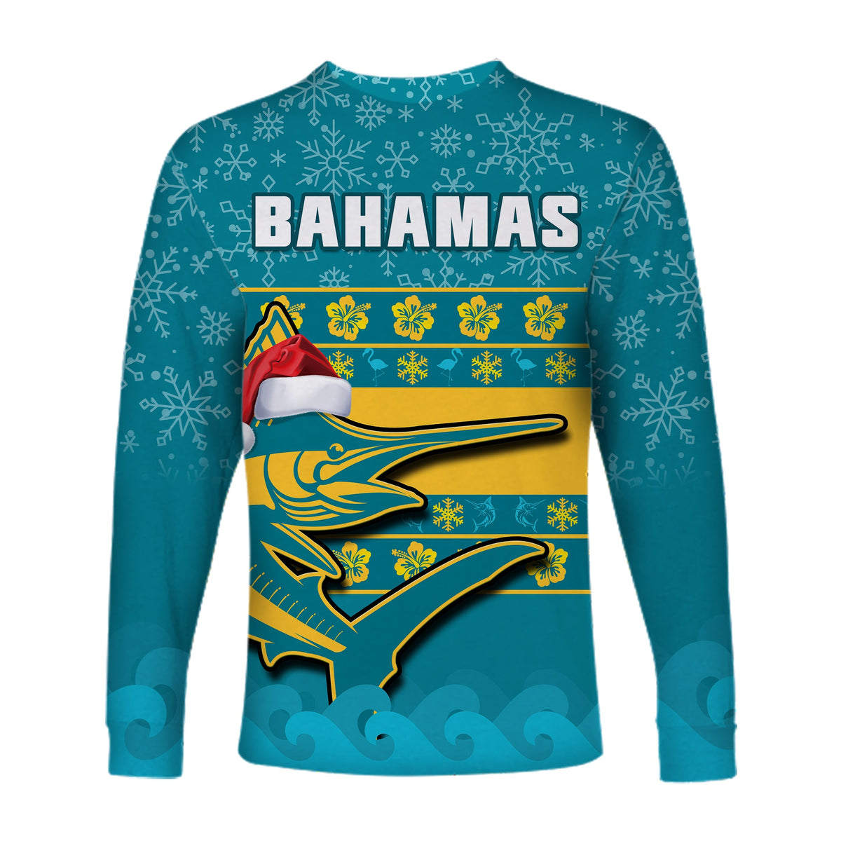 Bahamas long sleeve shirt in teal with BHAMAS lettering, Santa hat, and marlin graphic
