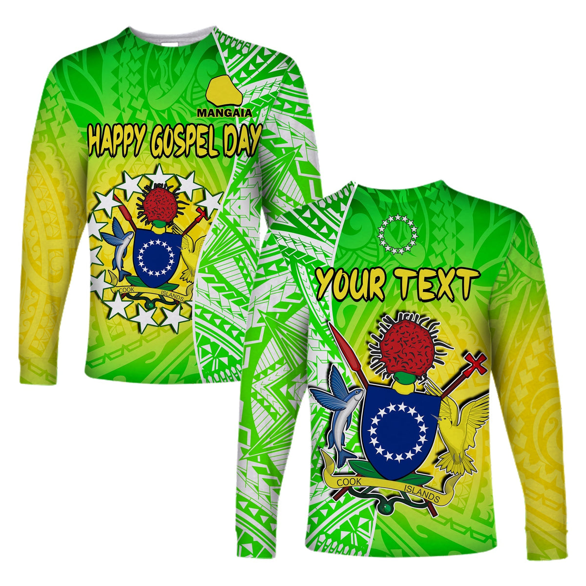 (Custom Personalised) Happy Mangaia Gospel Day Long Sleeve Shirt Cook Islands Coat Of Arms Polynesian Pattern - Wonder Print Shop