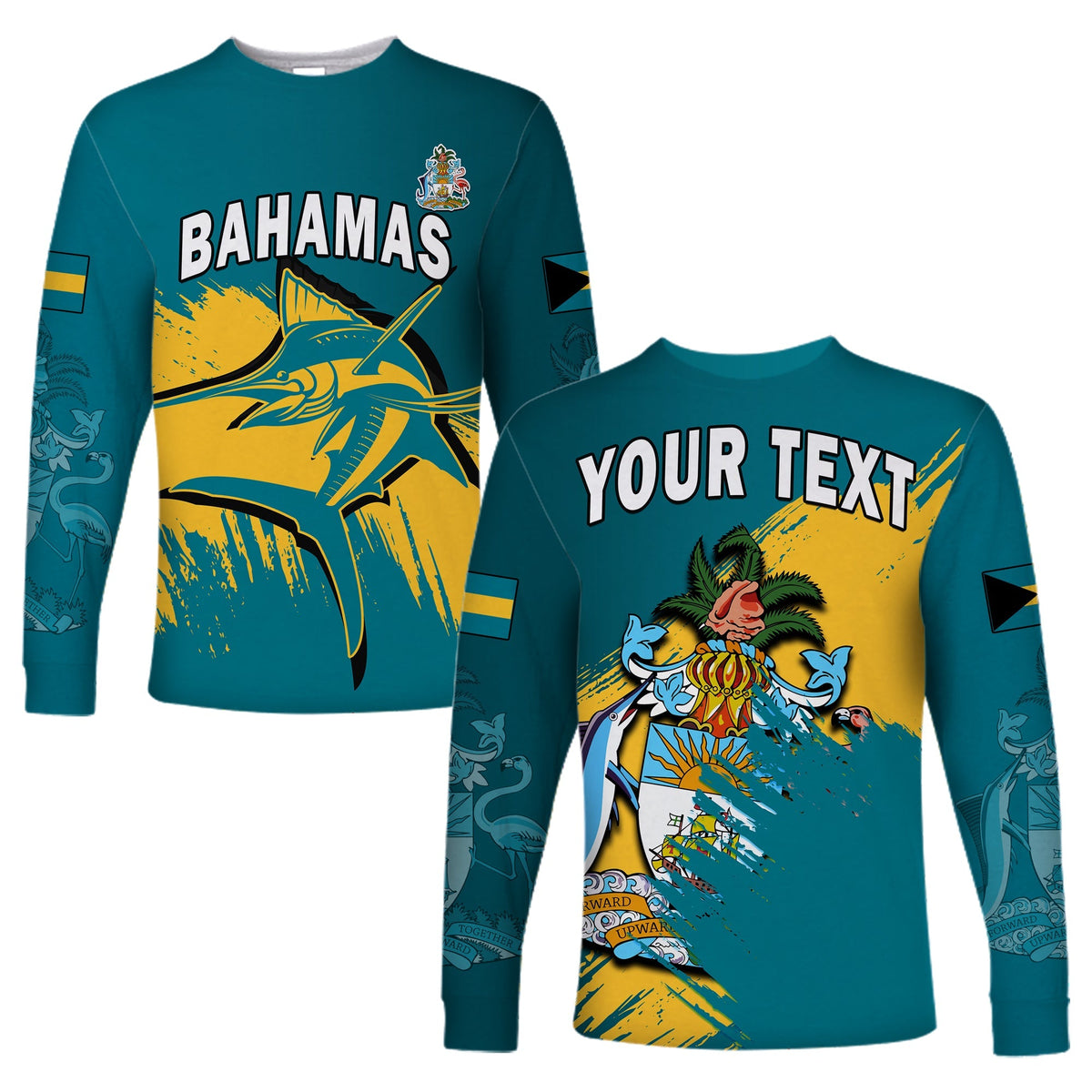(Custom Personalised) Bahamas Long Sleeve Shirt Blue Marlin With Bahamian Coat Of Arms - Wonder Print Shop