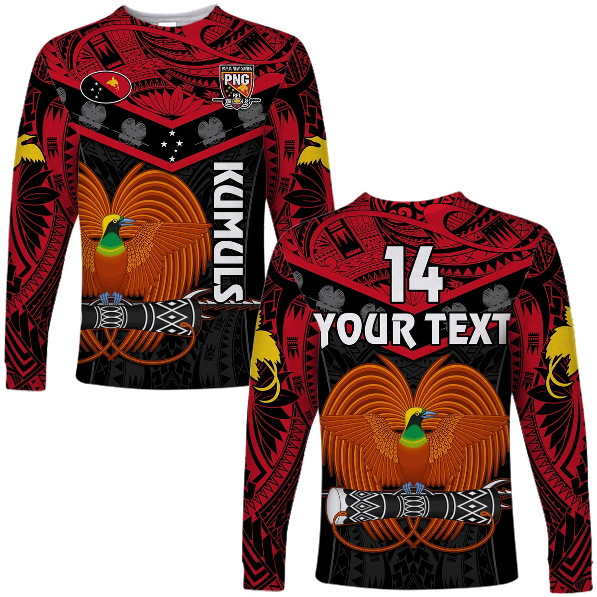 Custom Text And Number Papua New Guinea Rugby Long Sleeve Shirt PNG Kumuls Bird Of Paradise Black - Wonder Print Shop