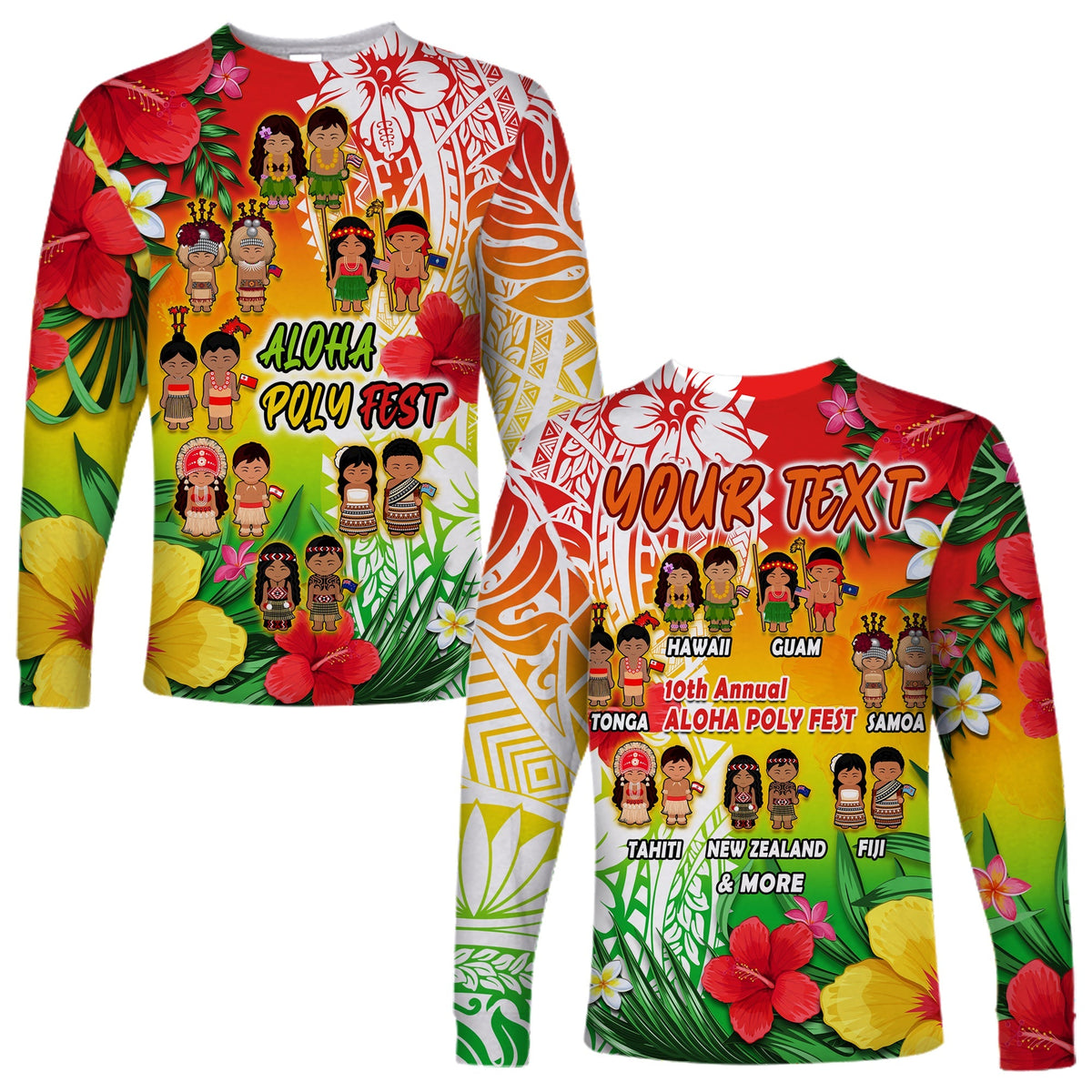 Custom Personalised Aloha Poly Fest Long Sleeve Shirt Polynesian Pattern With Tropical Flowers - Wonder Print Shop