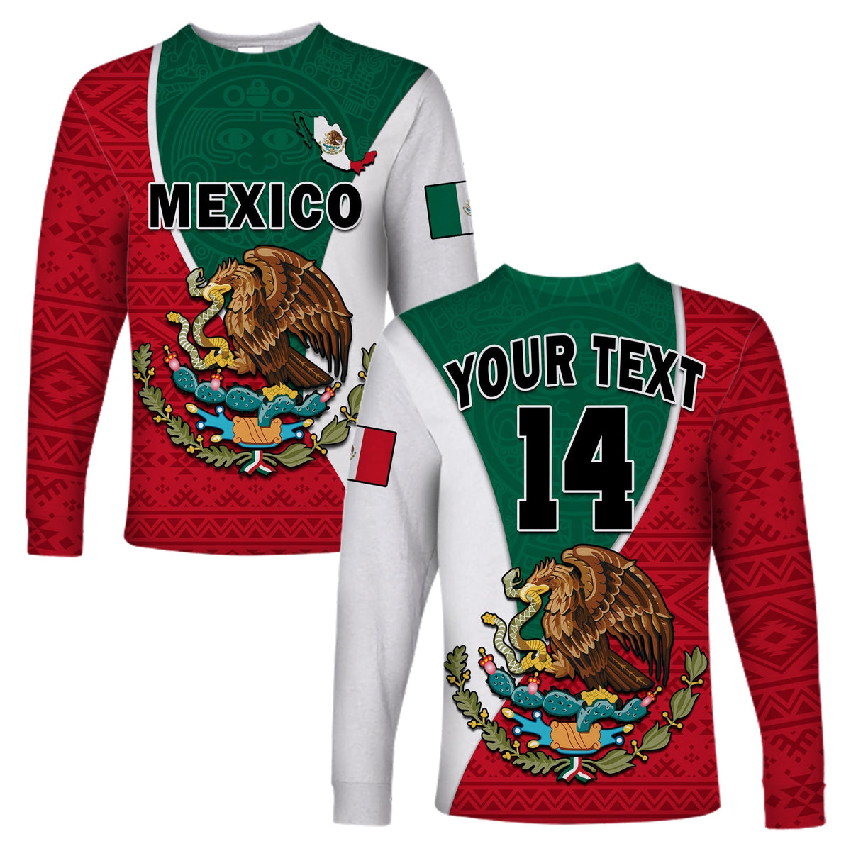 (Custom Text and Number) Mexico Long Sleeve Shirt Mexican Aztec Pattern - Wonder Print Shop