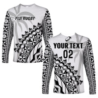 Custom Text And Number Fiji Rugby Long Sleeve Shirt Fijian Cibi Dance Tapa Pattern White - Wonder Print Shop