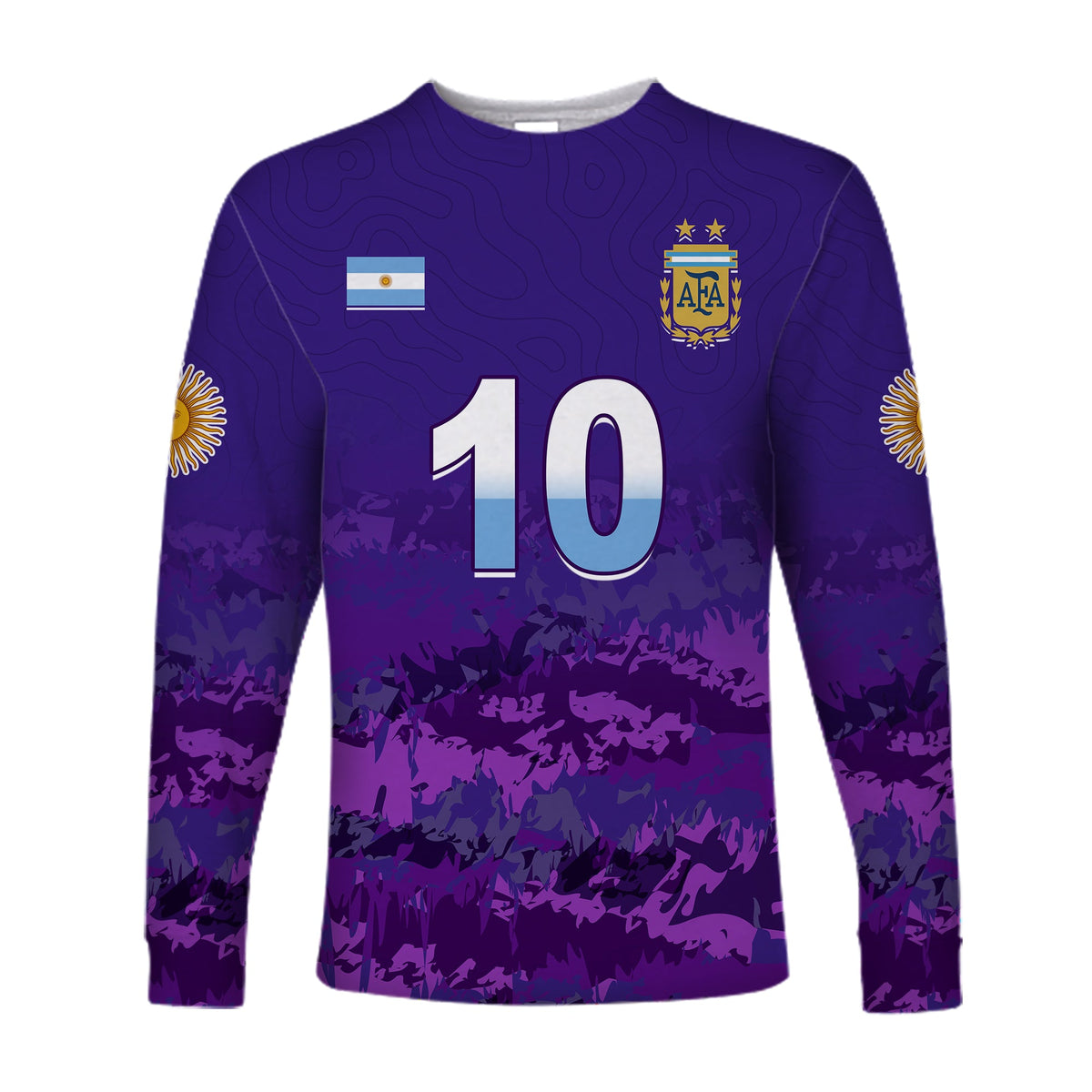 Purple long-sleeve football shirt with number 10, flag badge, and AFA crest