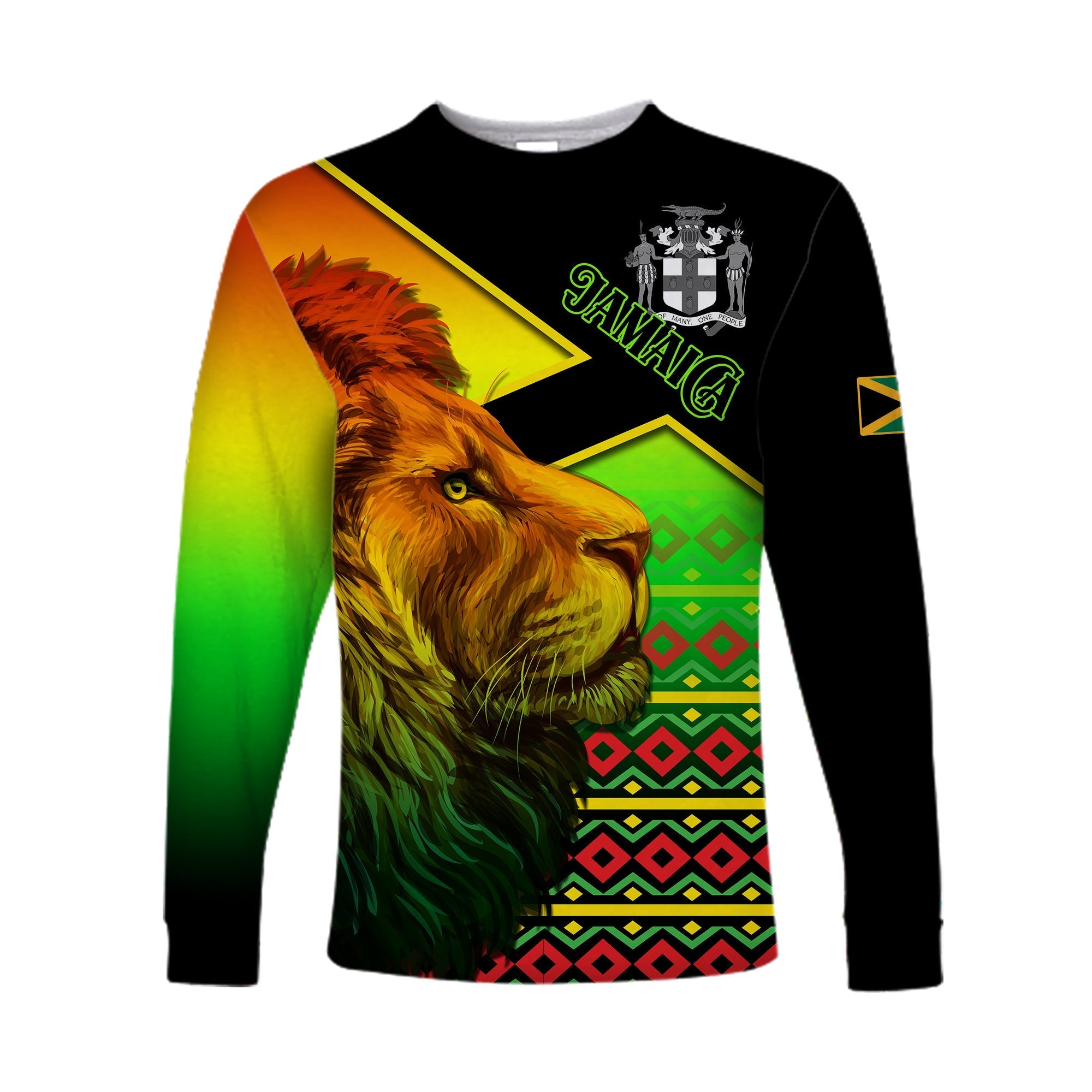 Jamaica Lion Long Sleeve Shirt Jamaican Pattern Version Reggae Colors LT13 - Wonder Print Shop