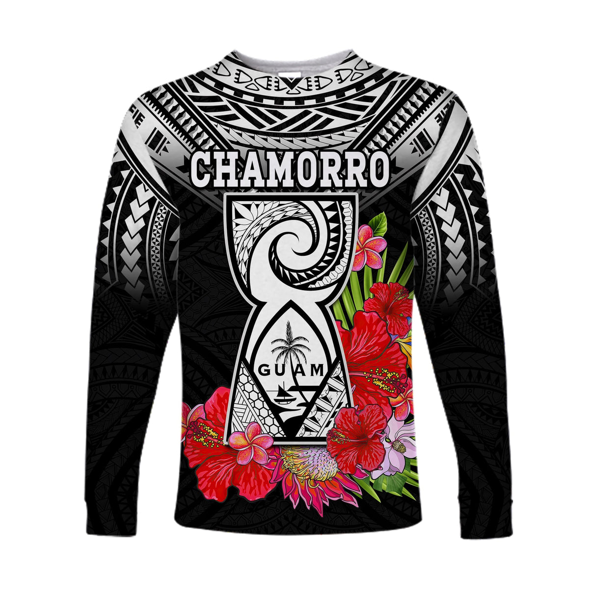 Custom Personalised Guam Chamorro Long Sleeve Shirt Guaman Latte Stone Tropical Flowers Black Style - Wonder Print Shop