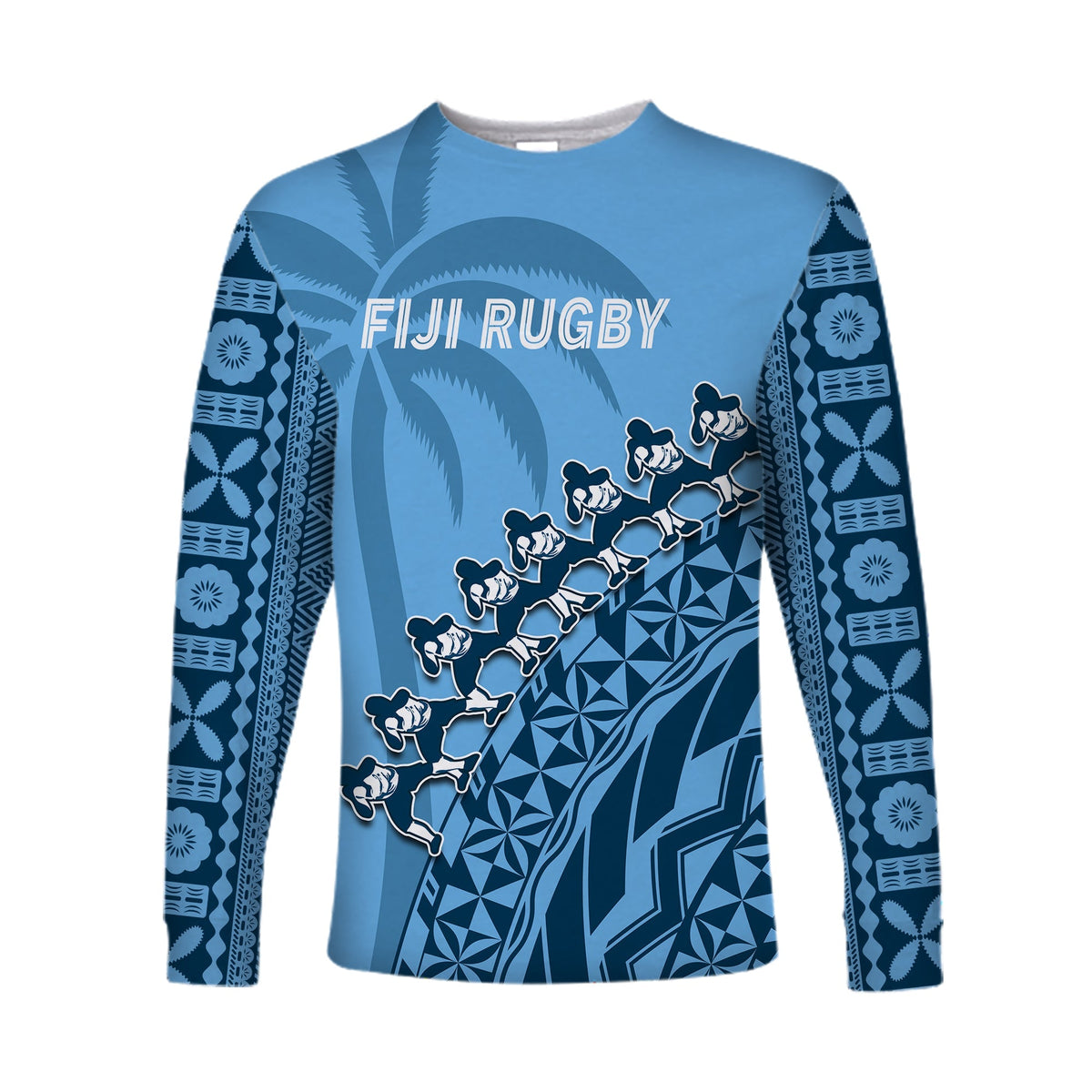 Custom Text And Number Fiji Tapa Rugby Long Sleeve Shirt Fijian Cibi Dance Tapa Pattern Blue - Wonder Print Shop