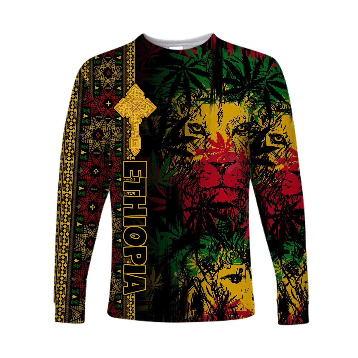 Ethiopia Lion Reggae Long Sleeve Shirt Ethiopian Cross LT13 - Wonder Print Shop