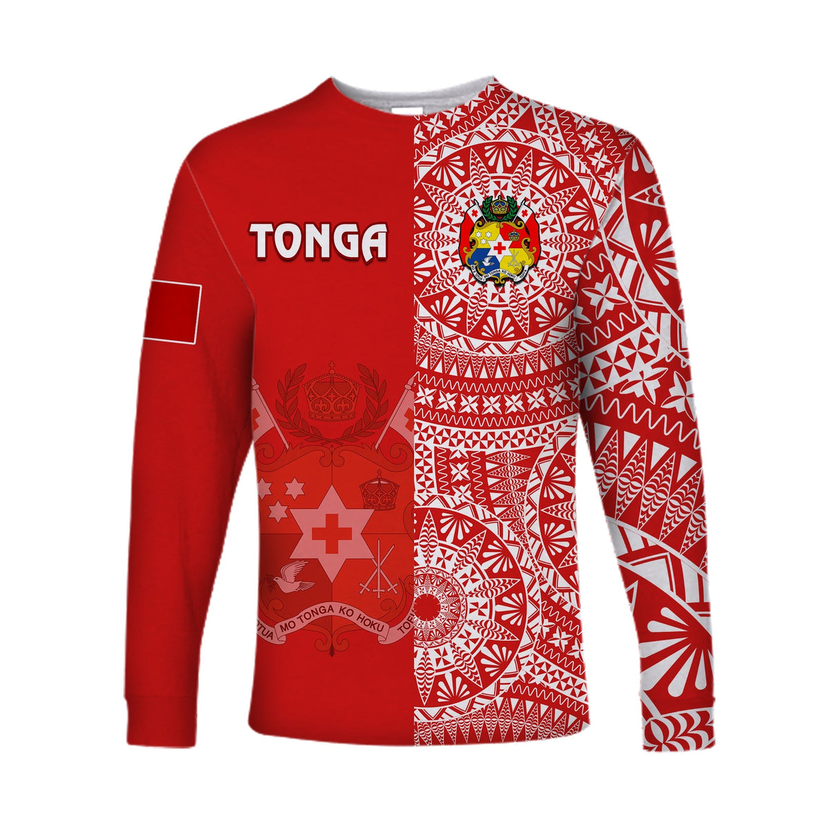 Custom Text And Number Tonga Long Sleeve Shirt Tongan Coat Of Arms Ngatu Pattern - Wonder Print Shop