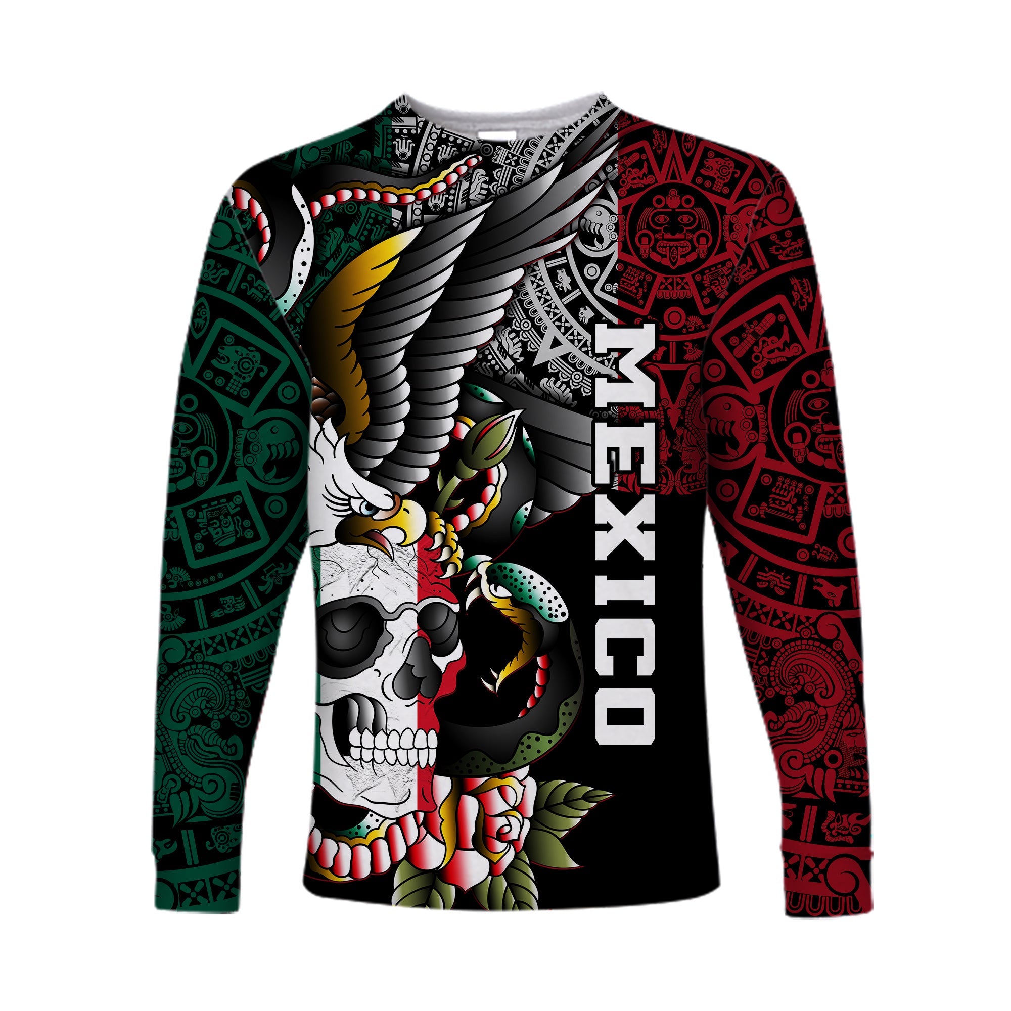 Mexico Long Sleeve Shirt Mexican Skull Eagle With Angry Snake - Wonder Print Shop