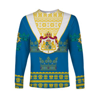 Blue long sleeve shirt with Sweden coat of arms and Scandinavian flowers print