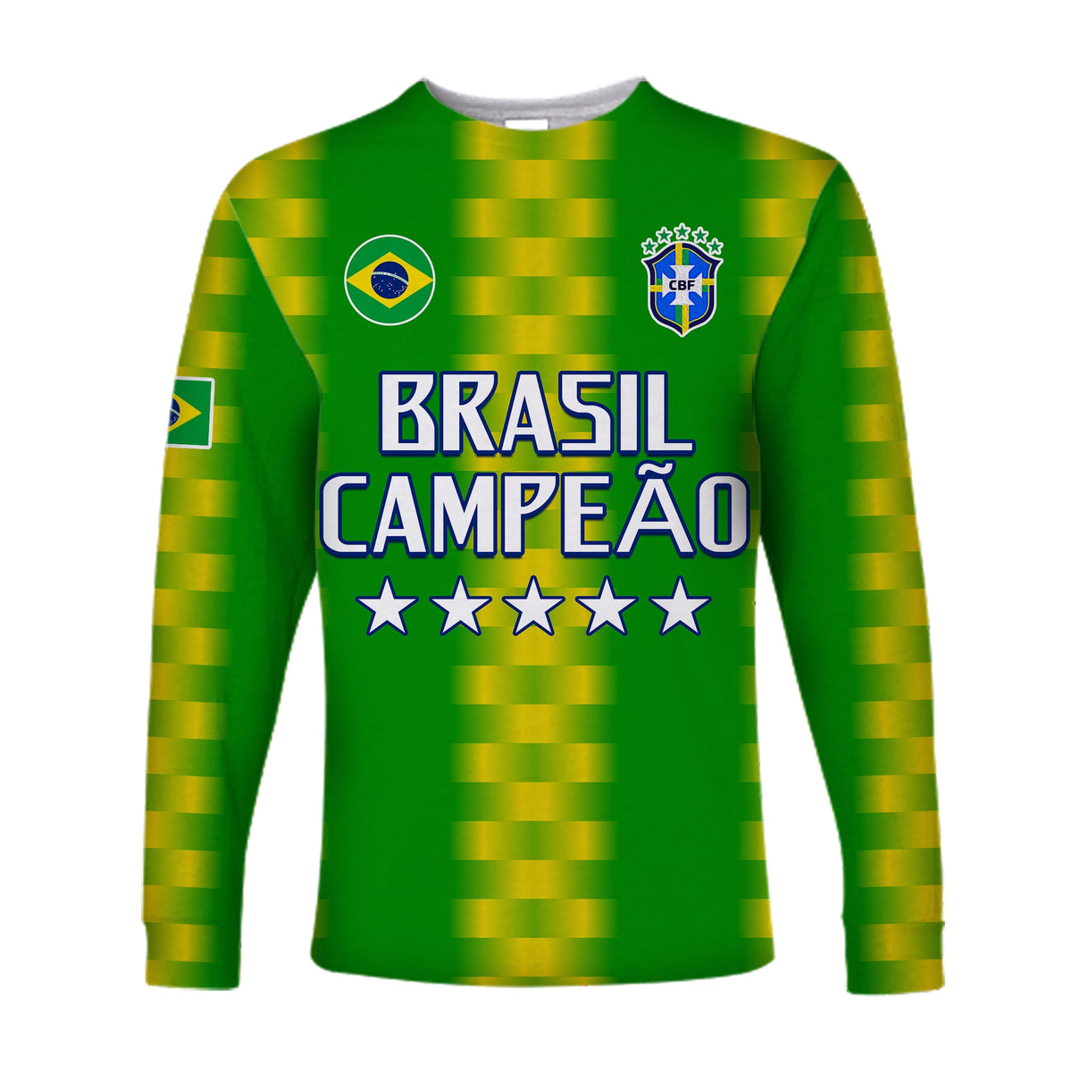 Green long sleeve football shirt with BRASIL CAMPEAO text, Brazil crest, and stars