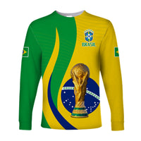 Brazil long sleeve football shirt, green and yellow, CBF crest and Brasil text, trophy graphic