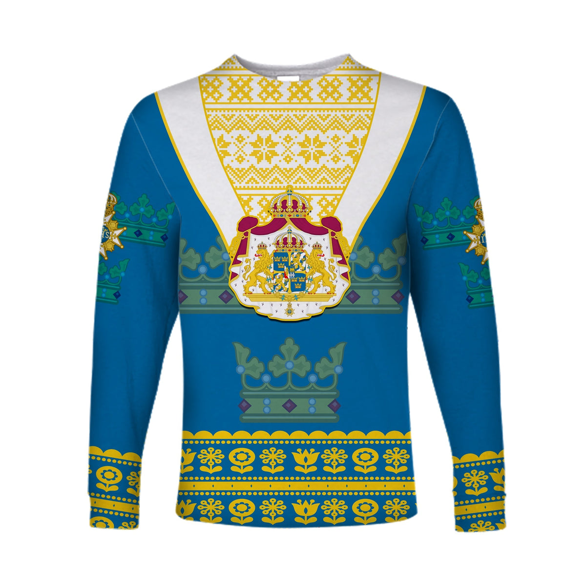 (Custom Personalised) Sweden Long Sleeve Shirt Swedish Coat Of Arms With Scandinavian Flowers - Wonder Print Shop