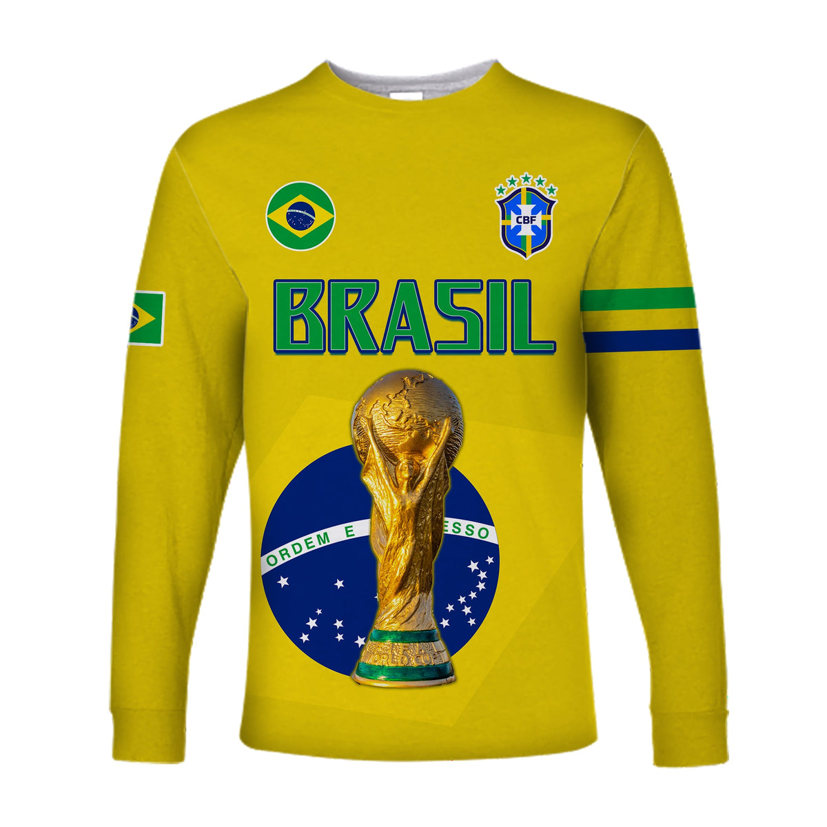 Brazil yellow long sleeve football shirt with BRASIL lettering, trophy graphic and crest