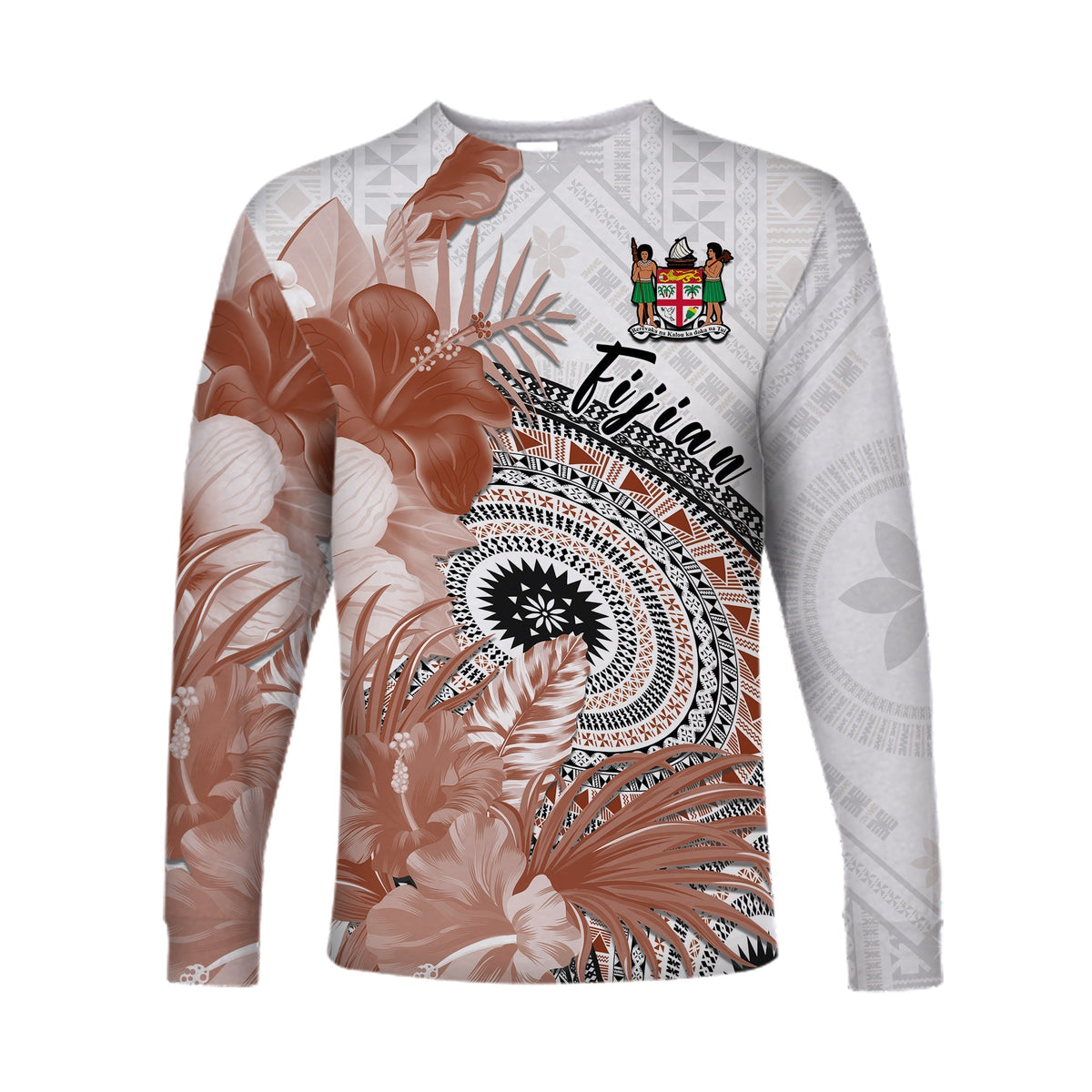 Fiji Tapa Long Sleeve Shirt White Fijian Masi Be Loved Hibiscus LT13 - Wonder Print Shop