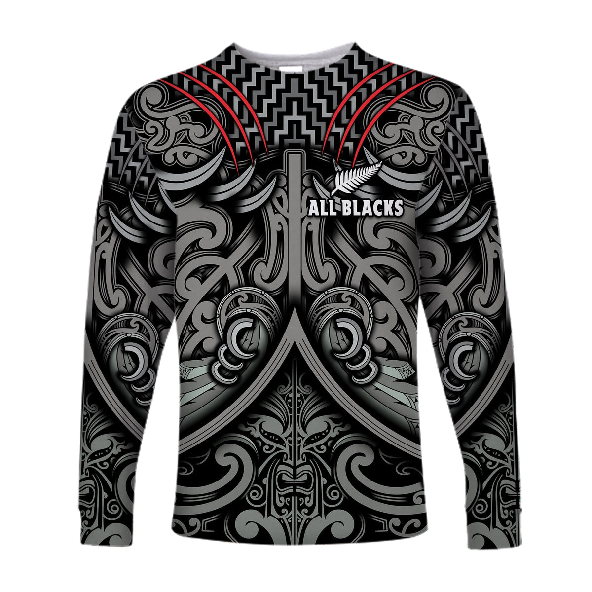 Custom Text and Number New Zealand Silver Fern Rugby Long Sleeve Shirt All Black NZ Maori Pattern LT13 - Wonder Print Shop
