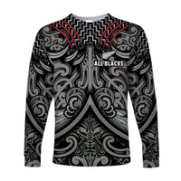 Custom Text and Number New Zealand Silver Fern Rugby Long Sleeve Shirt All Black NZ Maori Pattern LT13 - Wonder Print Shop