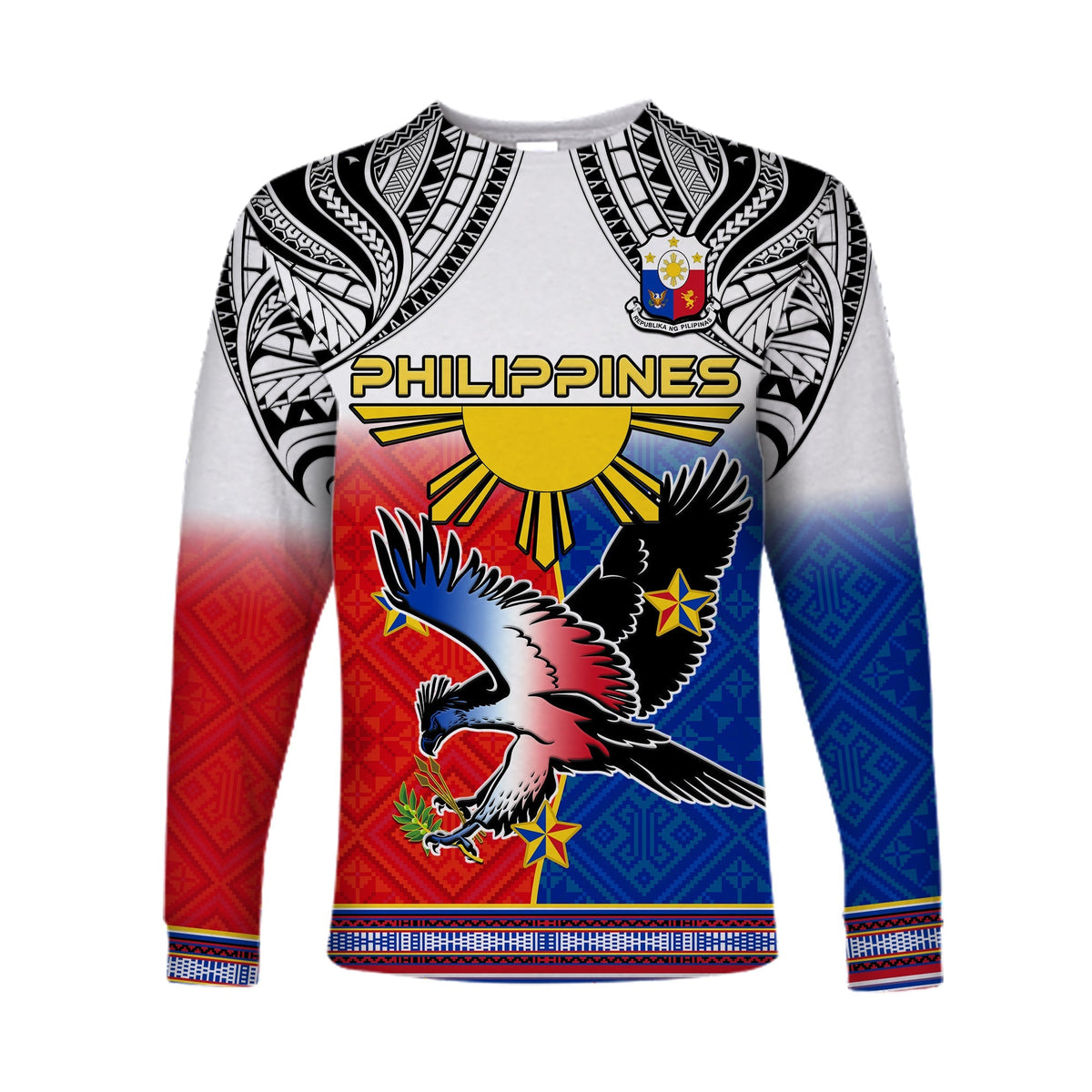 Custom Personalised Philippines Long Sleeve Shirt Polynesian Filipino Pattern With Eagle - Wonder Print Shop