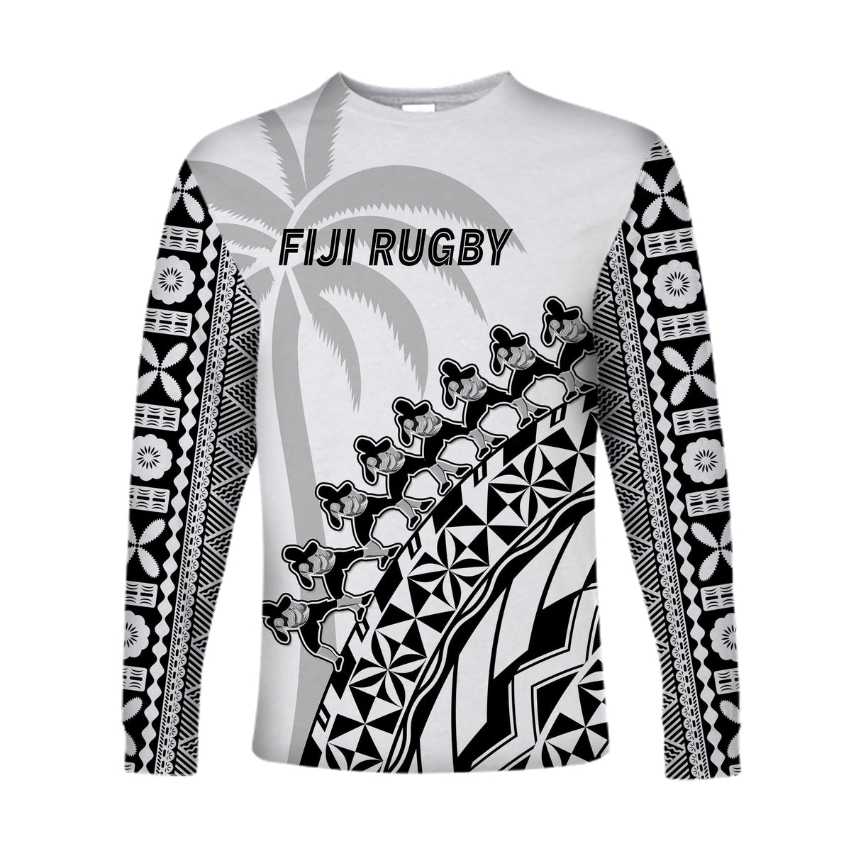 Fiji Rugby Long Sleeve Shirt Fijian Cibi Dance Tapa Pattern White - Wonder Print Shop